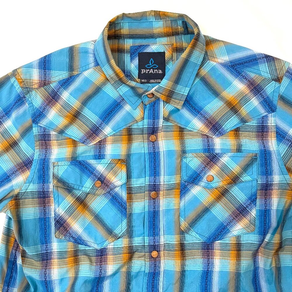 Prana Western Snap Plaid Short Sleeve Shirt Medium EUC